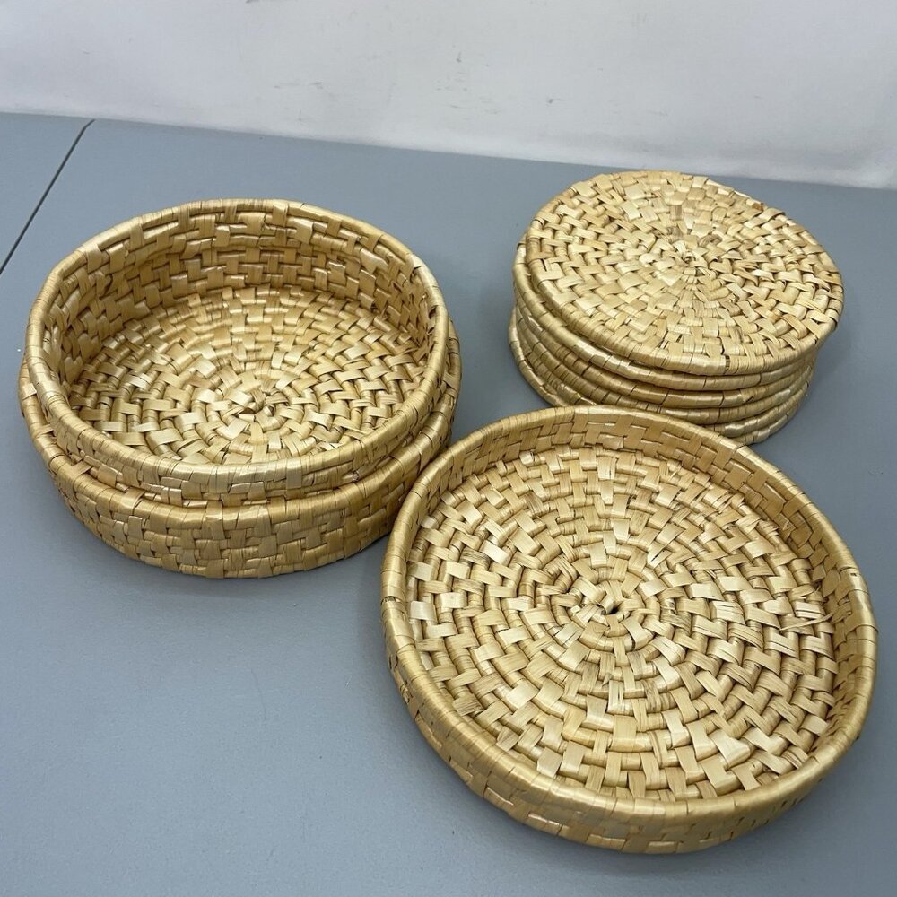 6 Vintage Wicker Rattan Straw Trivet Coaster with Lid & Basket Woven Round Retro